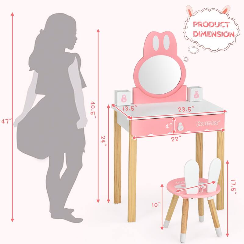 Costway Kids Vanity Set Rabbit Makeup Dressing Table Chair Set W/ - See Details