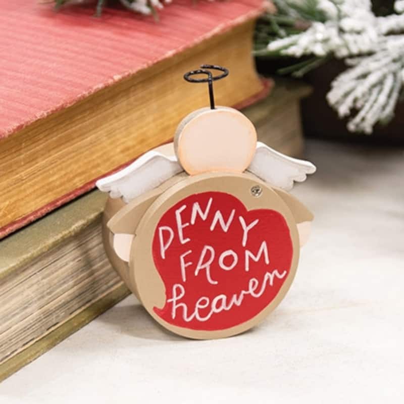 Decorative Wooden Angel Box with Red Heart Design and Sliding Magnetic Lid Small Memorial Gift - 3.5" H x 2.5" W x 1.25" D