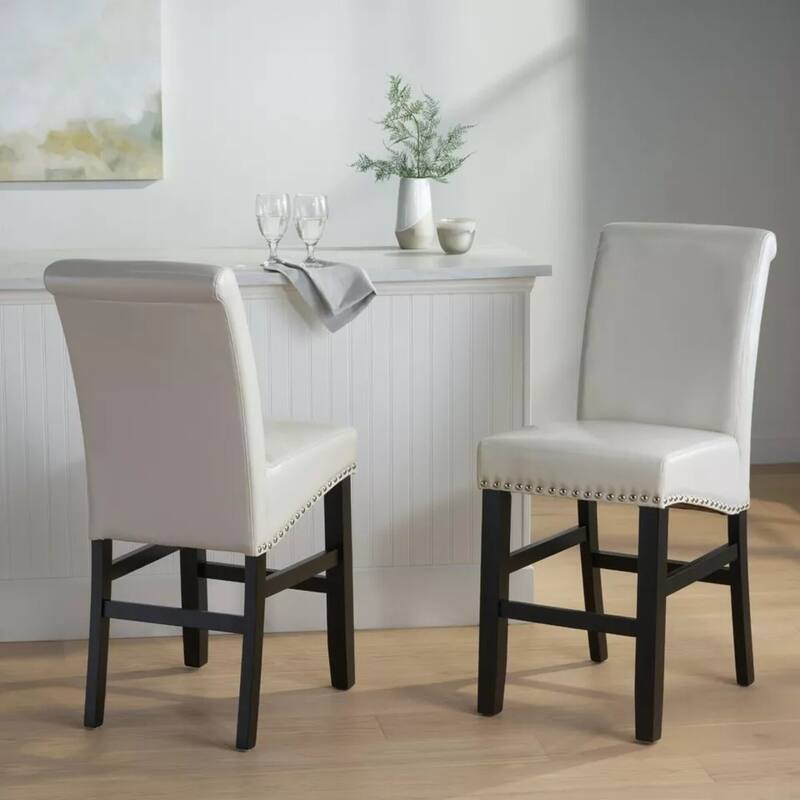 Roomfitters Upholstered Leather Counter Stools, Set of 2 Dining Chairs with Nailhead Trim and Wood Legs, Ivory Black