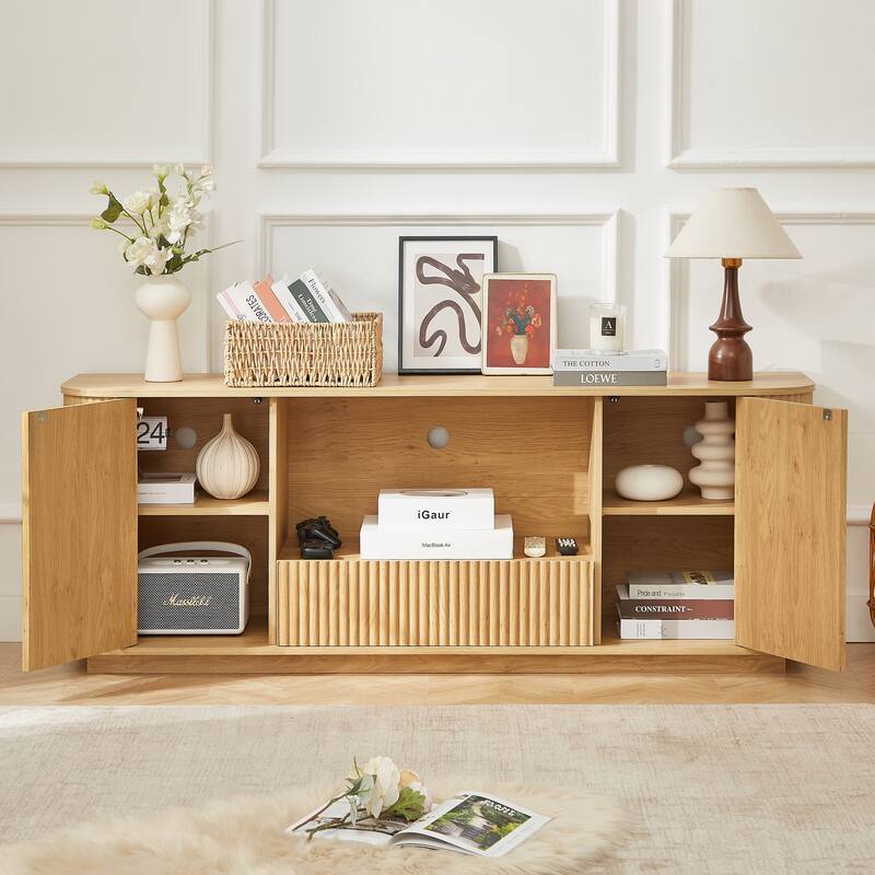 64-Inch Wavy TV Stand, Rounded Sideboard, Storage Cabinet, Wooden Vertical Stripe Cabinet