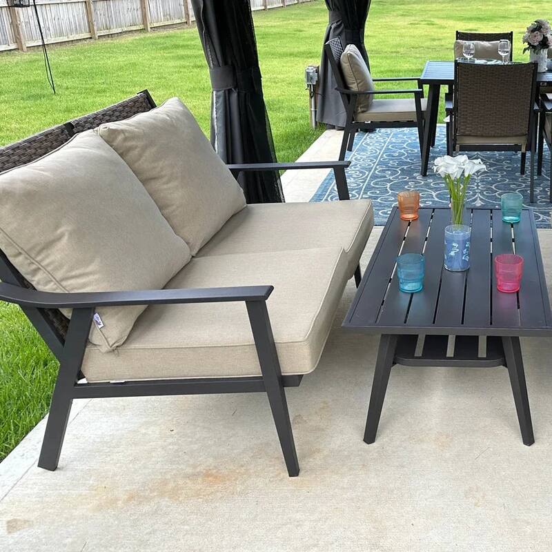 PURPLE LEAF Lorri Khaki Cushions Heavy-Duty Metal Frame Rattan Backrest for Patio Garden Patio Conversation Set Couch