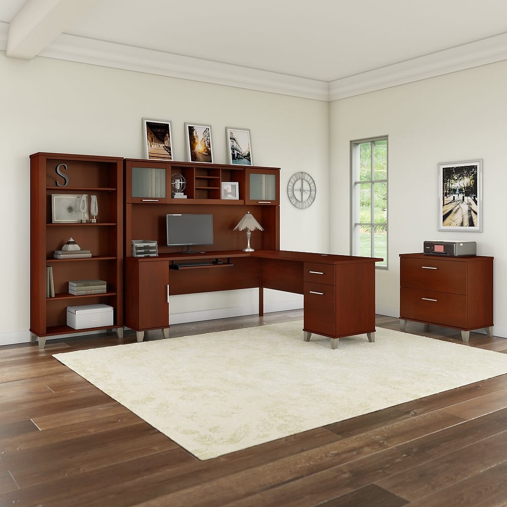 Somerset 72W L Shaped Desk with Hutch, Cabinet and Bookcase in Gray