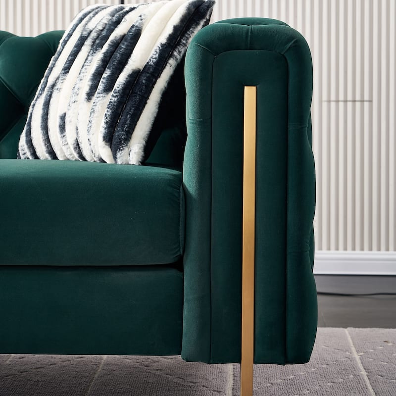 84.25" Luxurious Tufted Velvet Upholstered 3-Seater Sofa with Golden Metal Armrest Design and Buttoned Tufted Backrest