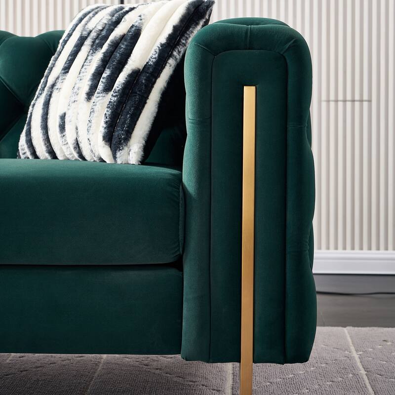 Velvet Tufted Sofa with Gold Metal Legs & Toss Pillows - 84" Width