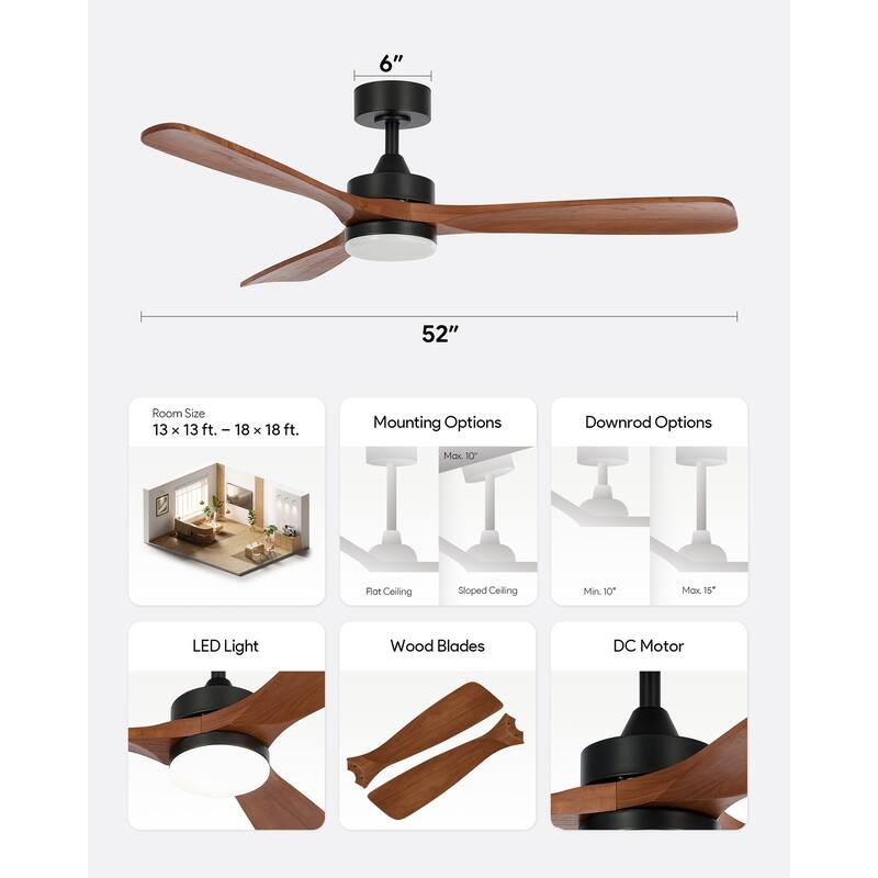 CO-Z 52" 3 -Blade Color-Changing LED Ceiling Fan With Light and Remote