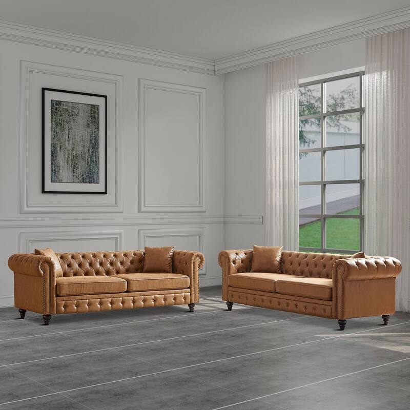 Mid-century retro style 2-piece sofa set for living room mall parlor - Brown 3 Seater Sofa+Brown 3 Seater Sofa