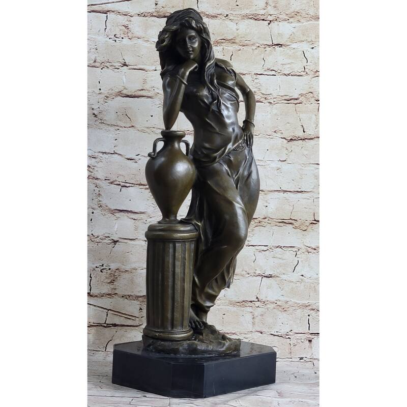 Signed Beautiful Maiden Ponders Leaning Against Vase Bronze Figurine Sculpture