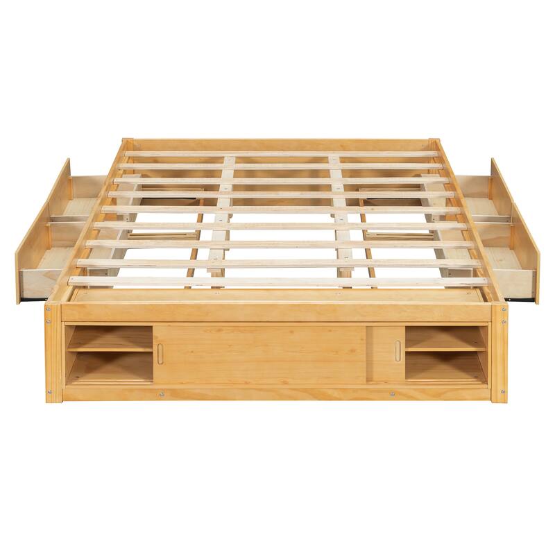 Queen Size Platform Bed Open Frame with Footboard Storage and 4 Drawers