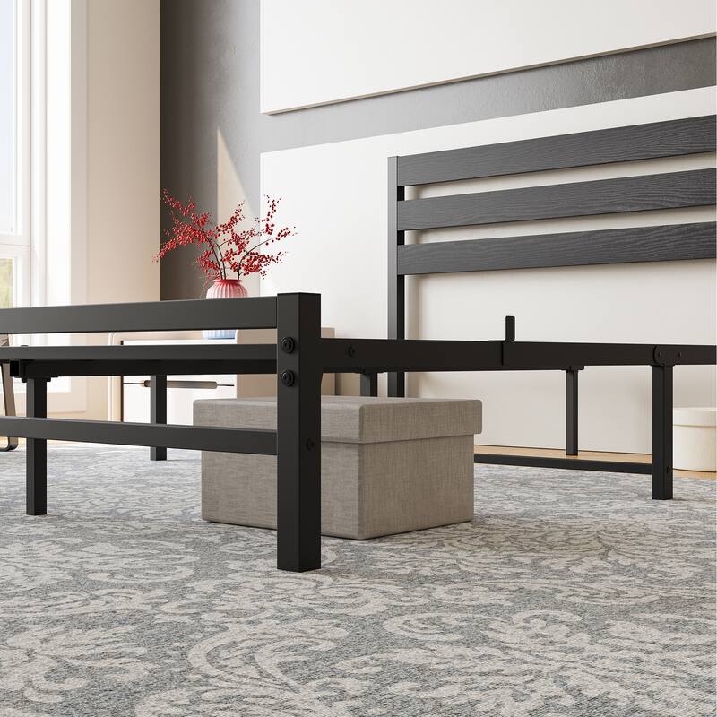 Queen Size Metal Bed Frame with Wood Headboard Platform Bedframe for Bedroom, Metal Slat Support No Box Spring Needed