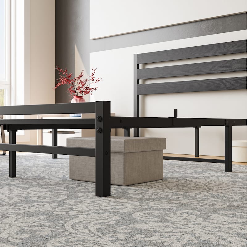 Queen Size Platform Bed with Wooden Headboard, Under Bed Storage, Noise Free, Easy Assembly, Black