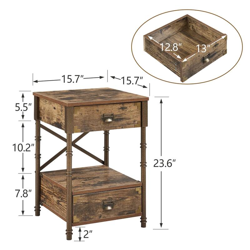 Vintage 2 Drawers Nightstand Set of 2 ,Rustic Brwon