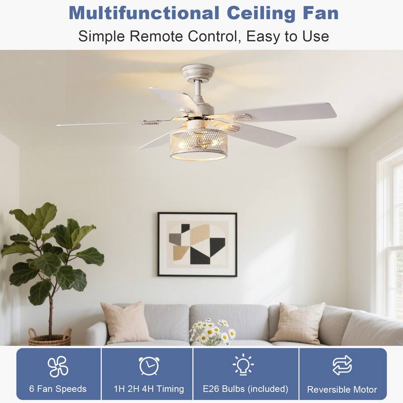 42-52Inch Caged Ceiling Fans with Lights: Dual Finish 5 Blades - Rustic with Remote Control (E26 Bulb Included)