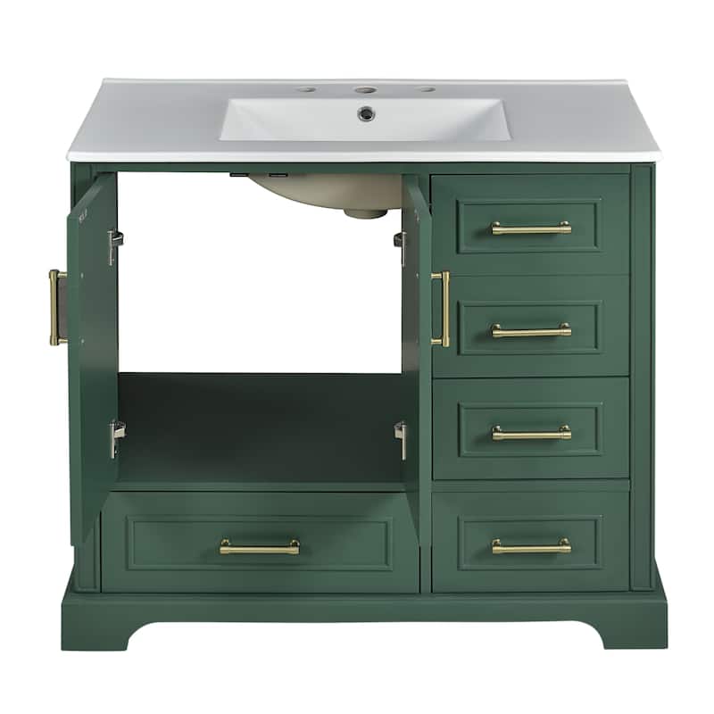 36" Traditional Bathroom Vanity with Ceramics Sink , Green Bathroom Cabinet with Two Soft Close Doors and Four Drawers
