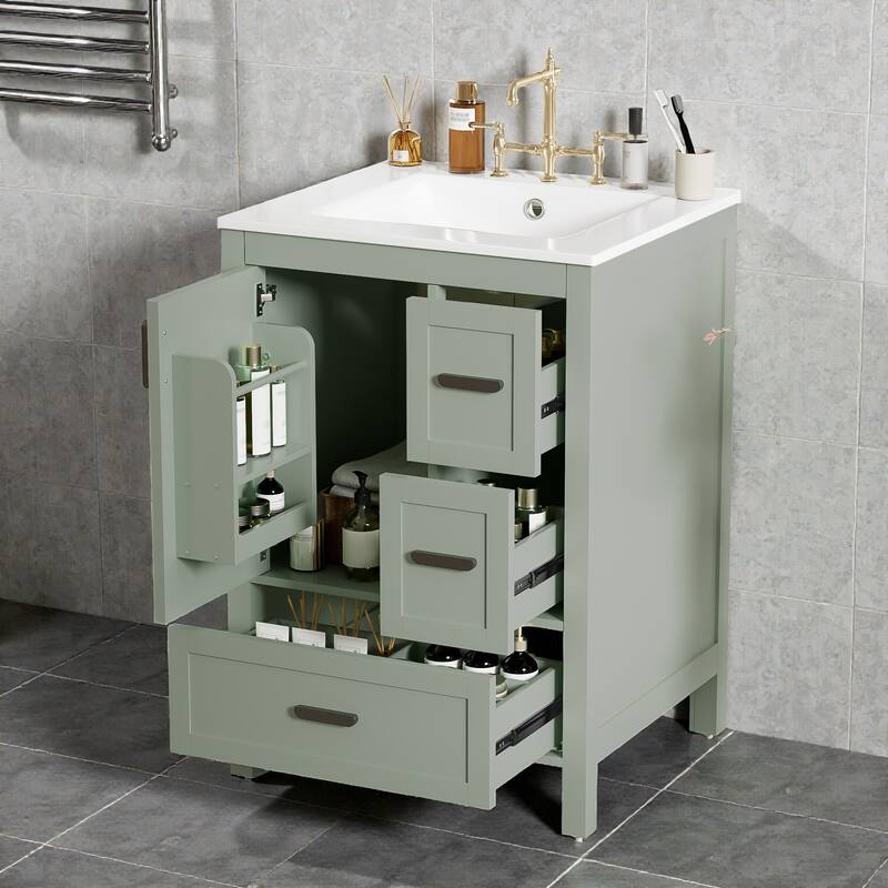 24" Bathroom Vanity with Ceramic Sink, Soft-Close Door, Double-Shelf Storage & 3 Drawers, Solid Wood Frame