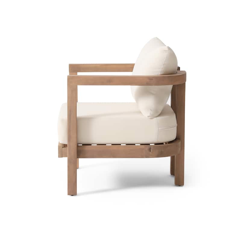 Roomfitters Outdoor Acacia Wood Patio Club Chair, Waterproof Cushions, Wash Finish with Beige Cushions