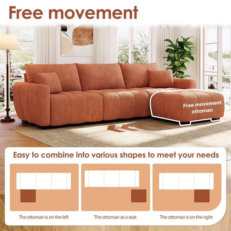 Modular Sectional Sofa Boucle Fabric Pull-line Design L-Shape Sofa Set with Movable Ottoman for Living Room 3-Seater Couch