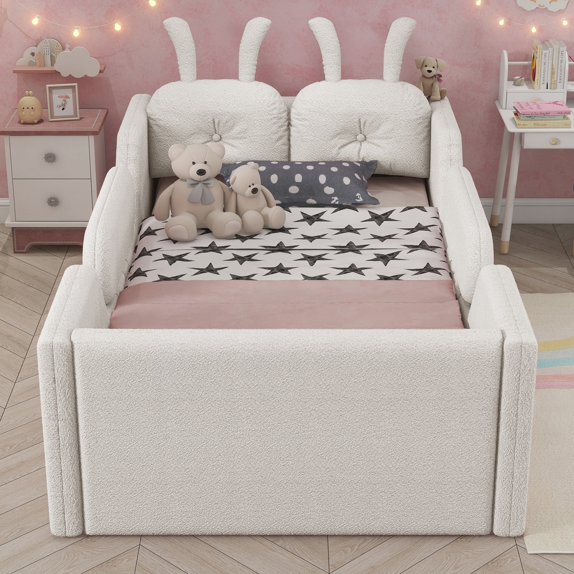 Twin Size Upholstered Platform Bed with Cushion, Kids Floor Upholstered Bed with Removable Side Rails