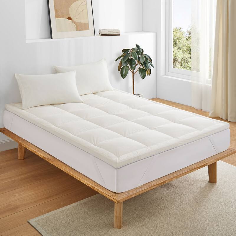 White Goose Feather Bed Fitted Mattress Topper with 100% Organic Cotton Cover - Full - Hybrid - 2.5 Inch (Enhanced Support)