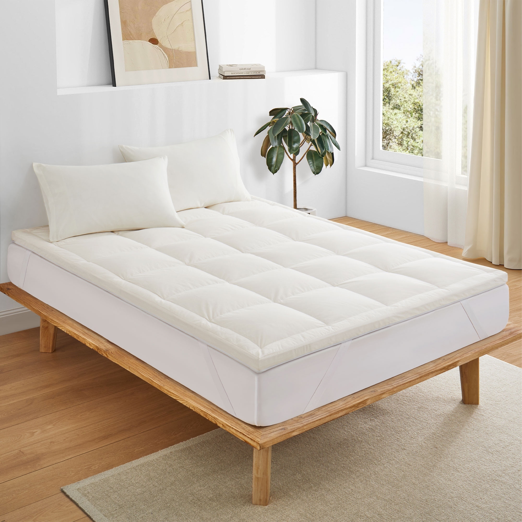 2.5 Inch Memory Foam Down Feather Bed Fitted Mattress Topper with 100% Organic Cotton Cover