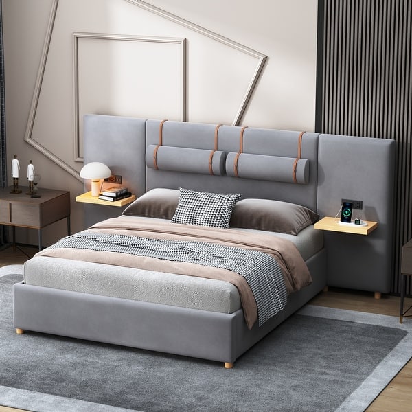 slide 2 of 11, Queen Size Platform Bed with 2 Outlets and USB Charging, Upholstered Bed with 2 Bedside Pillows, and Storage Shelves, Gray Grey
