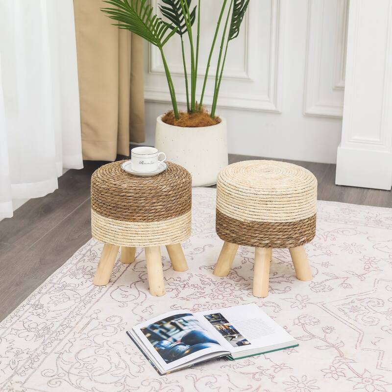 Adeco Set of 2 Ottomans Natural Cattail Hand Weave Round Foot Stool
