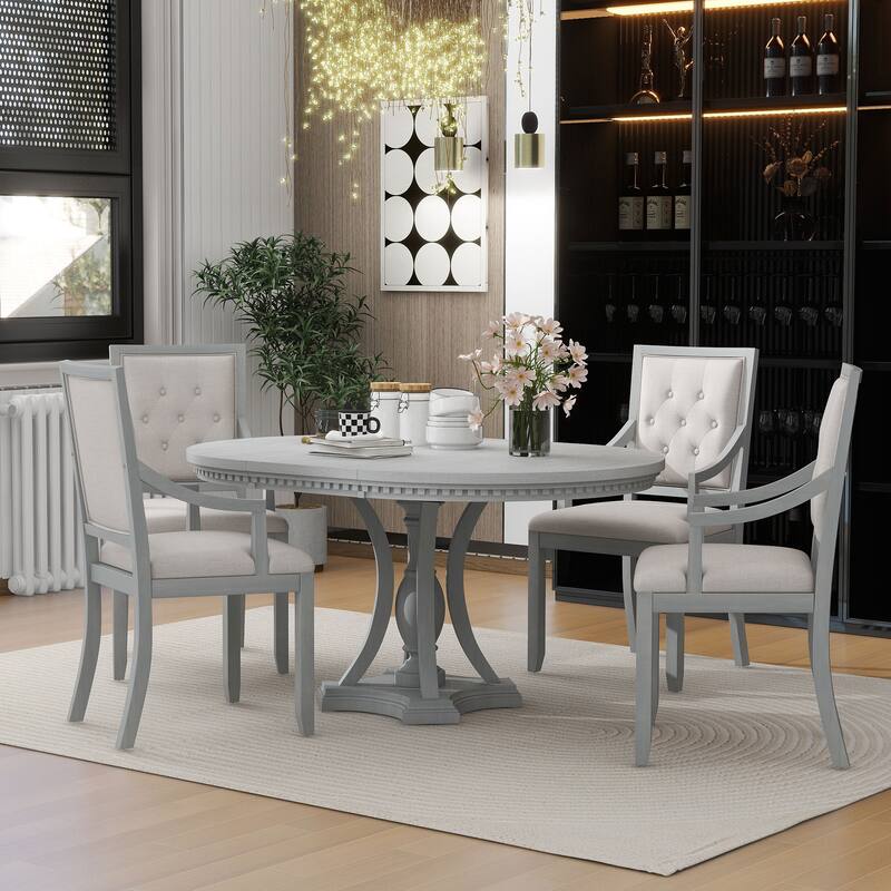 5 Piece Kitchen Dining Table Set, Extendable Round Dining Table Set with Wooden Round Table and 4 Upholstered Chairs - Antique Gray