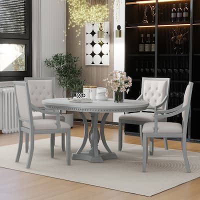 5-Piece Wooden Dining Table Set with Extendable Round Table & 4 Armchairs