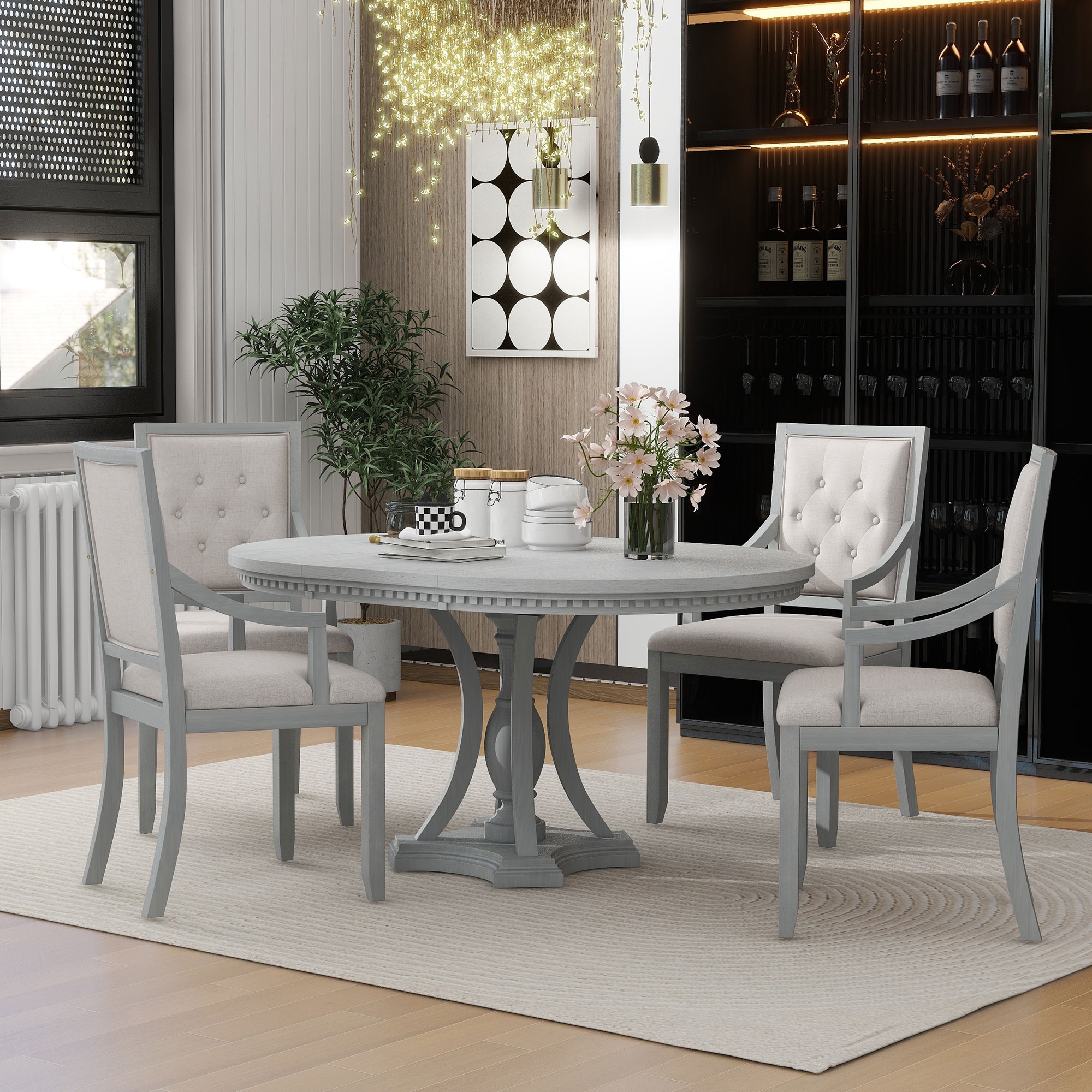 Retro 5-piece Dining Set Extendable Round Table and 4 Chairs for Kitchen Dining Room