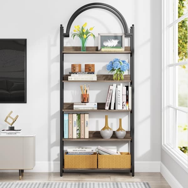5-Tier Gold Bookcase – 70.6” Tall, White & Gold, Arched Design For Living Room Or Office