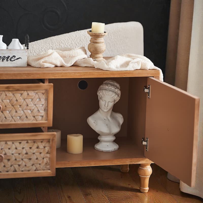 Rattan TV Stand for 55/60/65 Inch TVs, Mid-Century Boho Media Console with Doors, Drawers and Adjustable Shelf