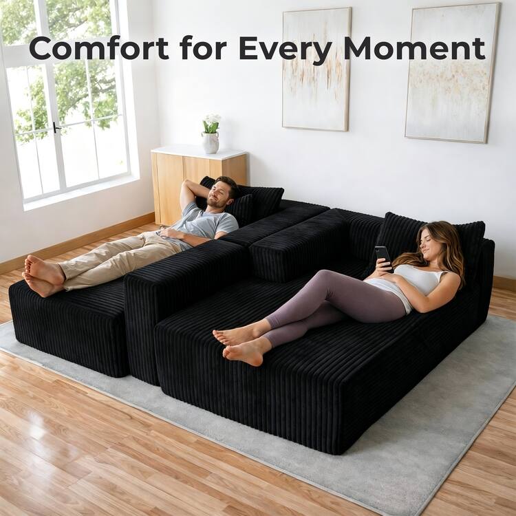 110" Modular Cloud Couch Sectional Sofa - Deep Seat Corduroy L-Shape Couch - Boneless Compressed Sofa