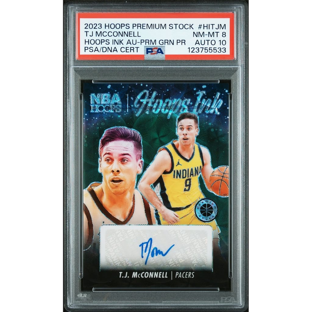 T.J. McConnell 2023 Hoops Premium Stock Ink Green Signed Basketball Card #HITJM Graded PSA 8 Auto 10 3/8 Cert # 123755533