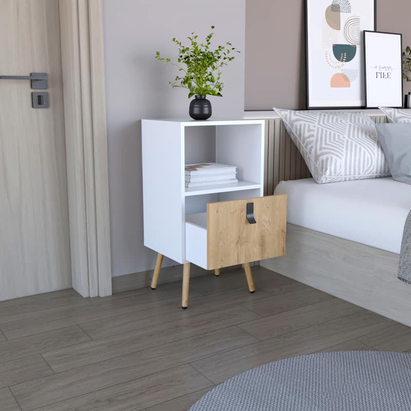 Tall Nightstand with Open Storage and Drawer in Modern Design
