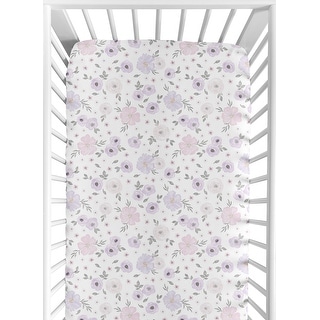 Floral Collection Girl Jersey Knit Fitted Crib Sheet - Lavender Purple, Pink and Grey Boho Shabby Chic Rose Watercolor Flower