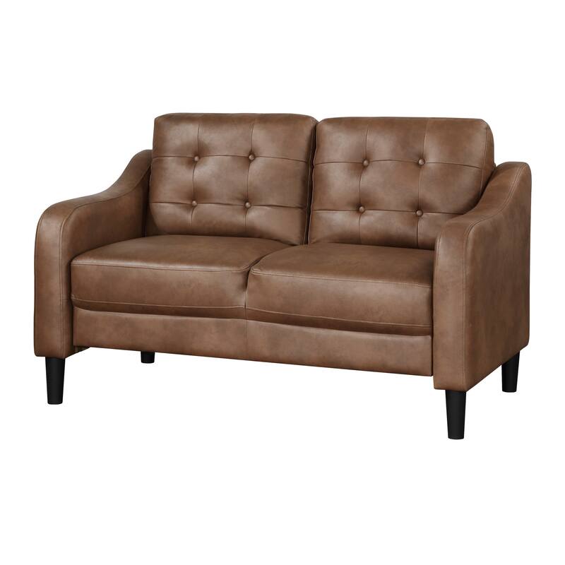 Orry 55 Inch Loveseat, Tufted Back, Brown Microfiber, Black Solid Wood
