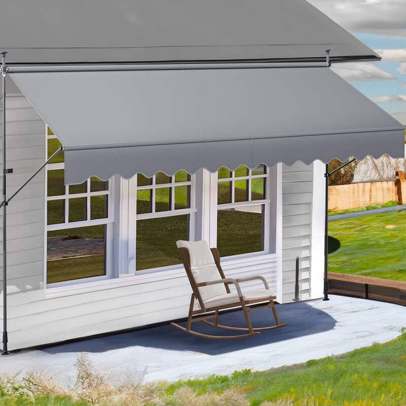 Mosis 13' x 4' Manual Retractable Awning, Non-Screw Freestanding Patio Sun Shade Shelter with Support Pole Stand - 13.1*3.9 Ft - Grey