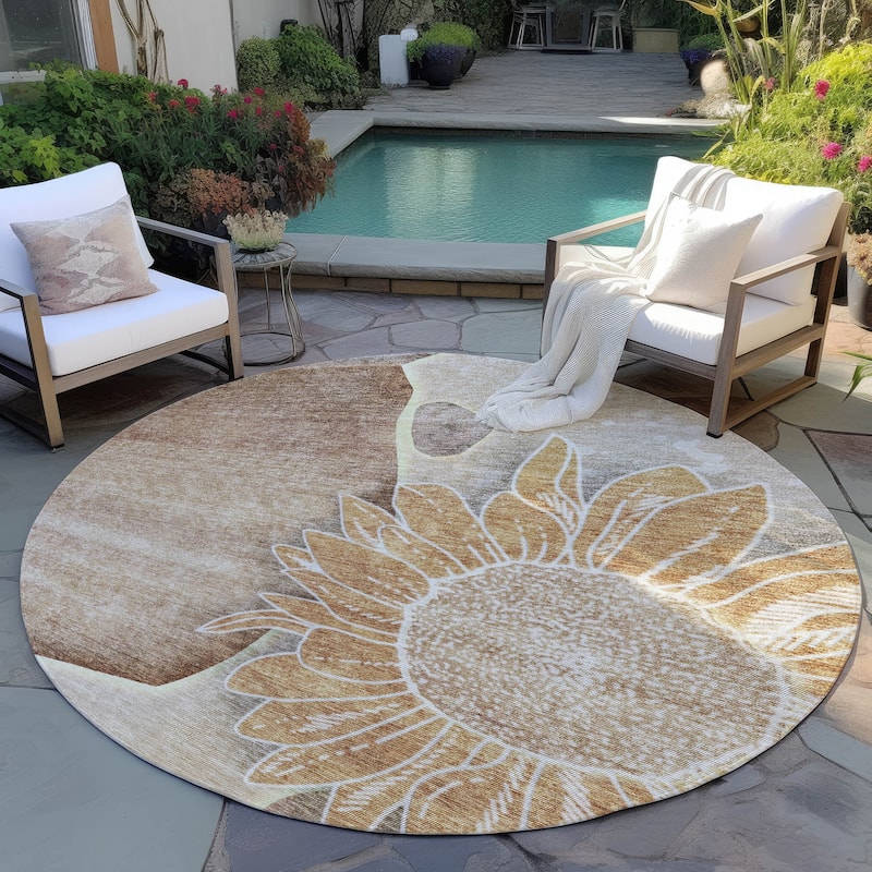 Machine Washable Indoor/ Outdoor Chantille Modern Sunflower Rug