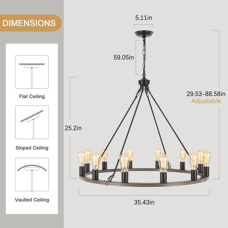 12-Light Circel Candlestick Wagon Wheel Chandelier Hanging Linear Chandelier Lighting for Kitchen Island