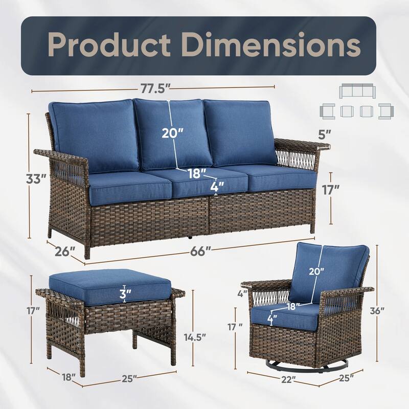 Pocassy Outdoor Swivel Chairs with Sofa Chair Ottoman and Table Set