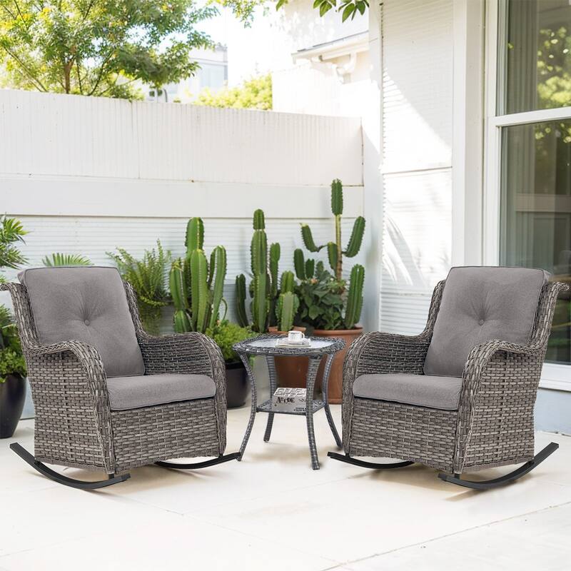 Outdoor Rocking Chair Rattan Rocker Chairs - 3PCS - Rocker Chair w/ Table - Grey Rattan - Grey Cushion
