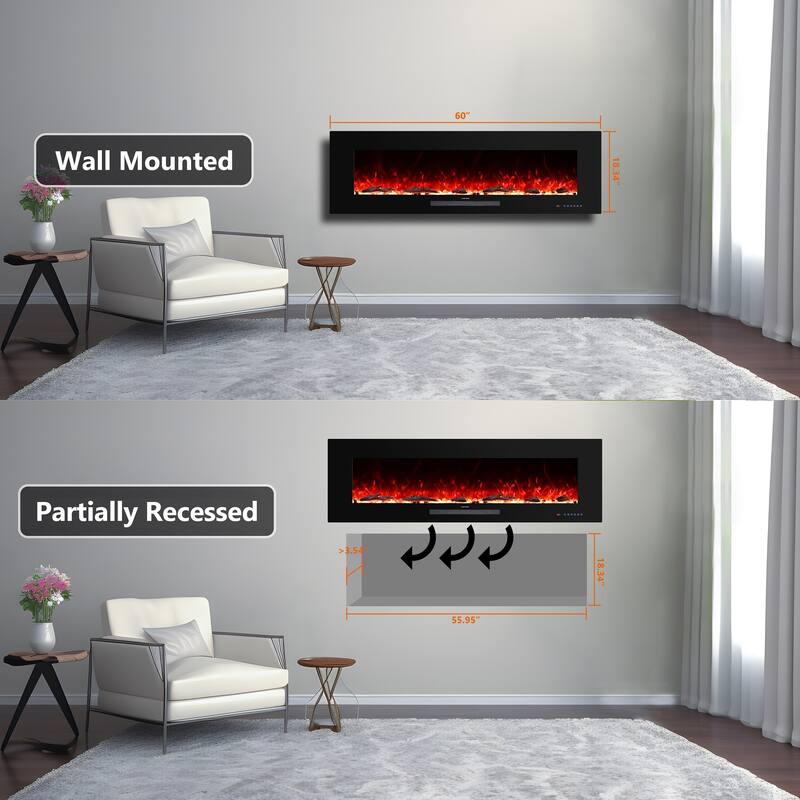 50 in. Wall Mounted and Recessed Electric Fireplace,13 Flame Colors