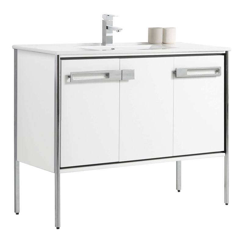 Fine Fixtures Oakville Bathroom Vanity with White Ceramic Sink - 42 Inch - White Matte - Chrome Hardware