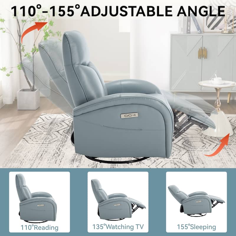 Genuine Leather Power Recliner Chair, 270° Swivel Rocker, USB, Type-C