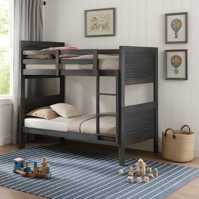 Wexo Twin over Twin Bunk Bed, Charcoal Brown Slat Design and Ladder