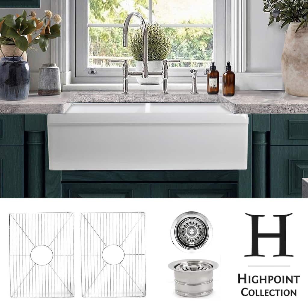 Highpoint Collection 50/50 Farmhouse Sink with Grids and Drains - 33 x 20 x 9.75