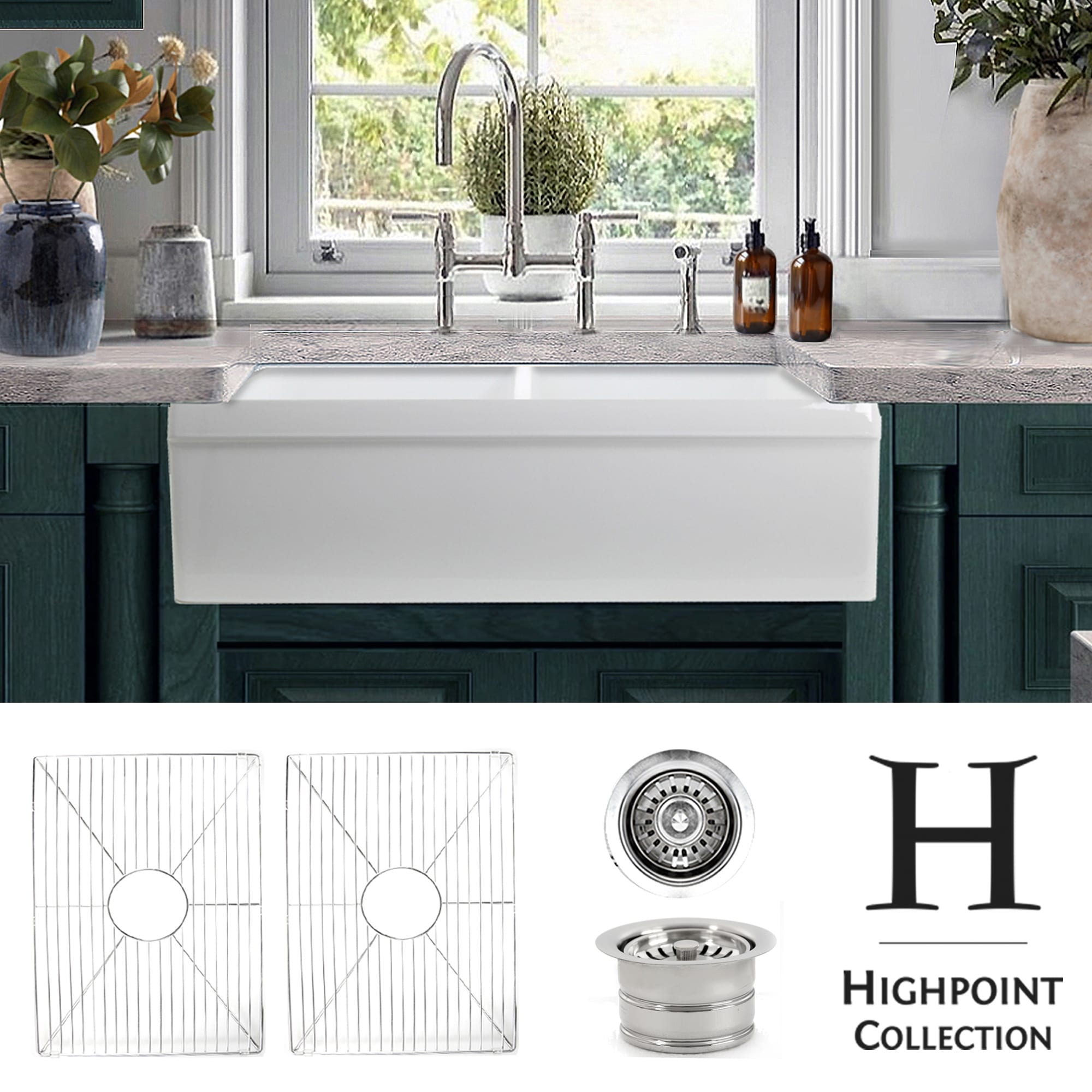 Highpoint Collection 50/50 Farmhouse Sink with Grids and Drains - 33 x 20 x 9.75