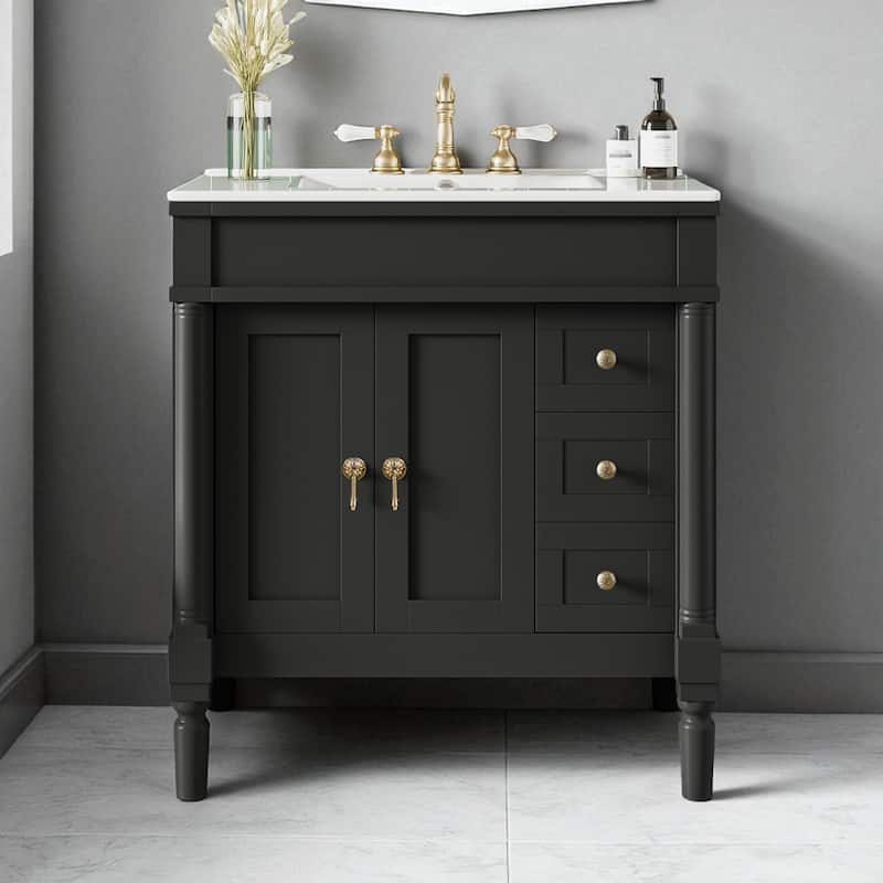 30-Inch Modern Bathroom Vanity with Ceramic Sink, Soft-Close Doors & Drawers, U-Shaped Adjustable Shelf, and Zinc Alloy Handles - Black