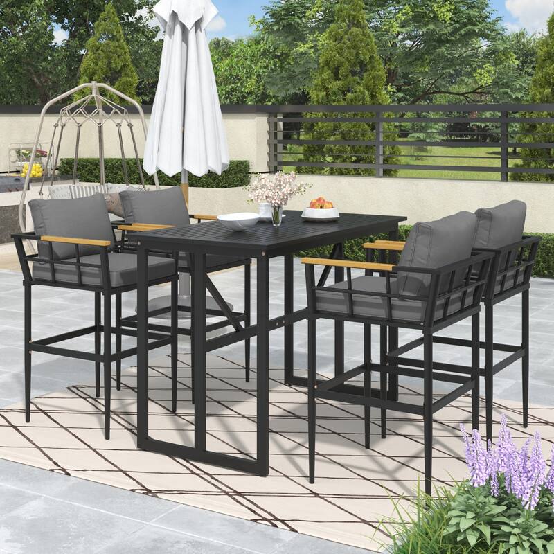 Iron Outdoor Dining Set with Acacia Wood Armrest