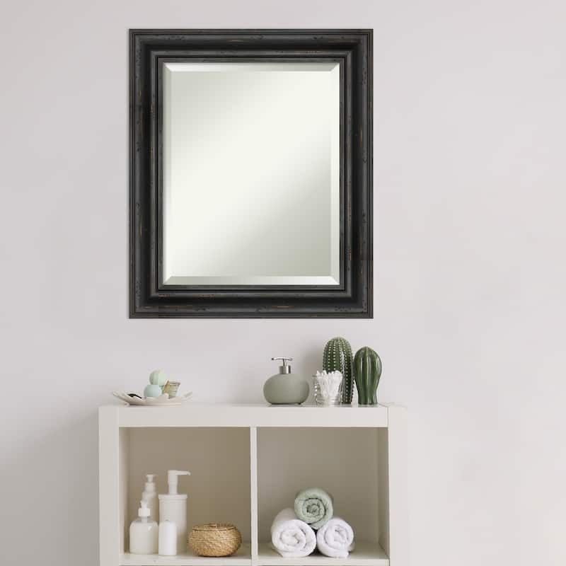 Beveled Wood Bathroom Wall Mirror - Rustic Pine Black Frame