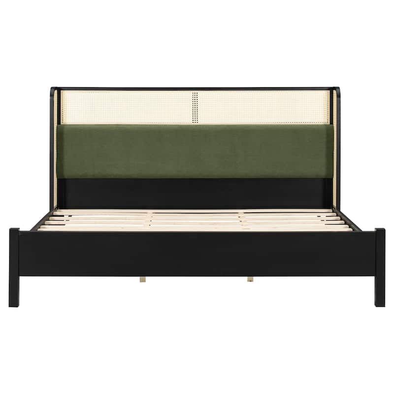 Christopher Knight Home - Mid-Century Upholstered Wood Low-Profile Platform Bed with Rattan Weaving Headboard